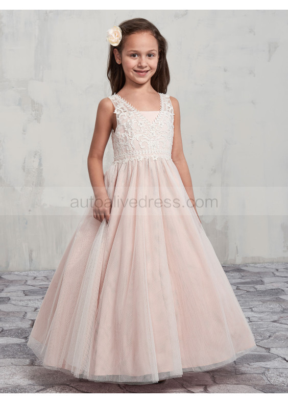 Beaded V Neck Lace Tulle Charming Flower Girl Dress Beaded V Neck Lace Tulle Charming Flower Girl Dress